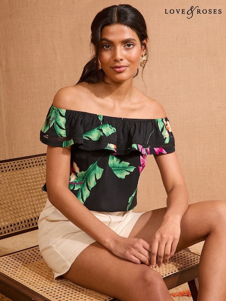 Love & Roses Black Floral Printed Bardot Top (AP5074) | £30