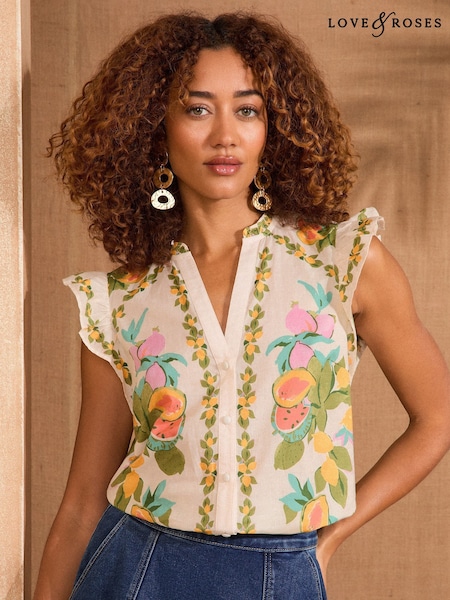 Love & Roses Tropical Print Sleeveless Notch Neck Blouse (AP5087) | £38