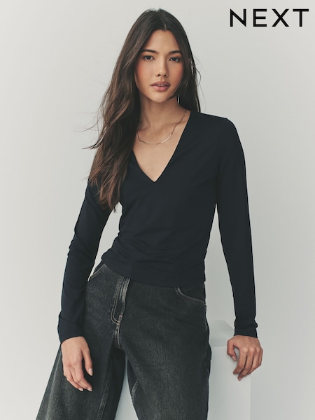 Black Soft Touch Polyamide Long Sleeve V-Neck Top (AP5121) | £24
