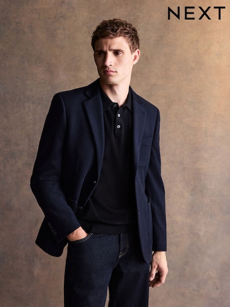 Navy Blue Regular Fit Wool Rich Soft Touch Blazer (AP5184) | £109