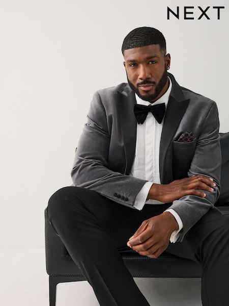 Grey Muscle Fit Motionflex Cotton Rich Velvet Blazer With Stretch (AP5187) | £119