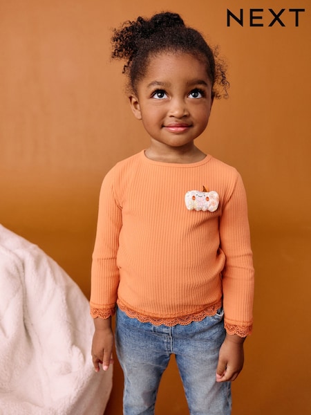 Orange Padded Pumpkin Long Sleeve Ribbed T-Shirt (3mths-7yrs) (AP5473) | £6.50 - £8.50