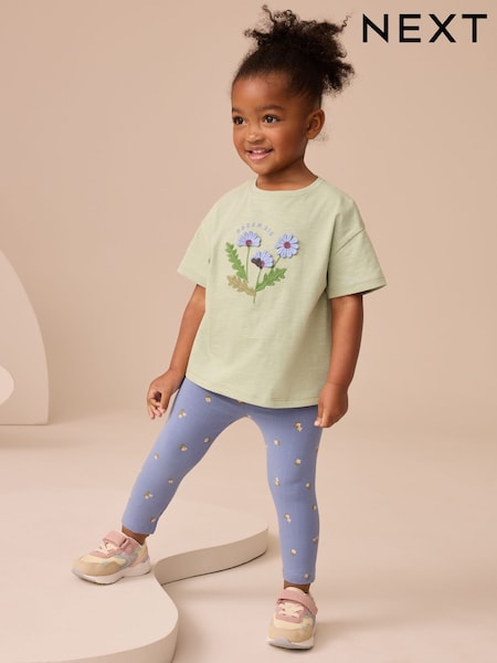 Green Flower Short Sleeve T-Shirt and Leggings Set (3mths-7yrs) (AP5614) | £9 - £13