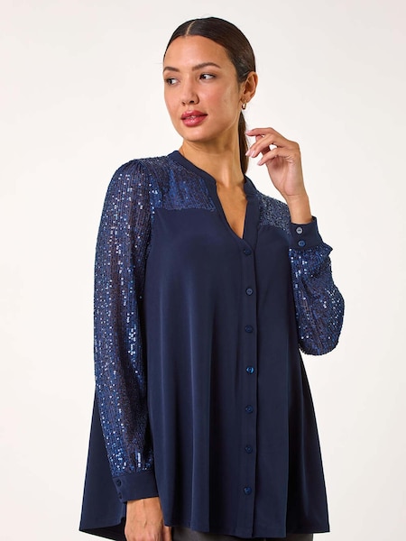 Roman Blue Sequin Embellished Detail Blouse (AP5726) | £45