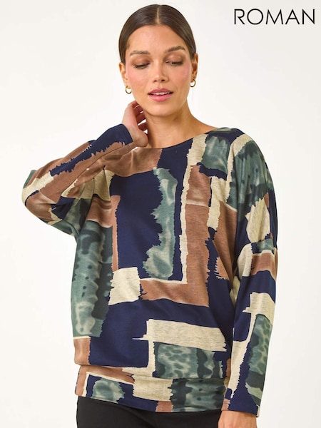 Roman Brown Absract Print Banded Hem Stretch Top (AP5729) | £36