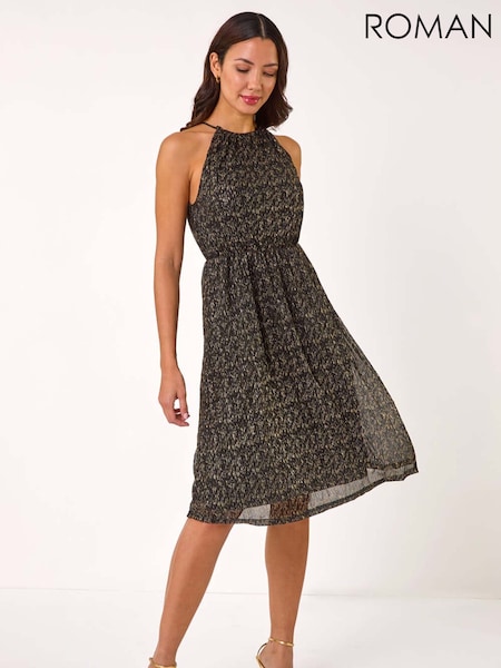 Roman Metallic Blouson Halter Neck Stretch Midi Dress (AP5731) | £65
