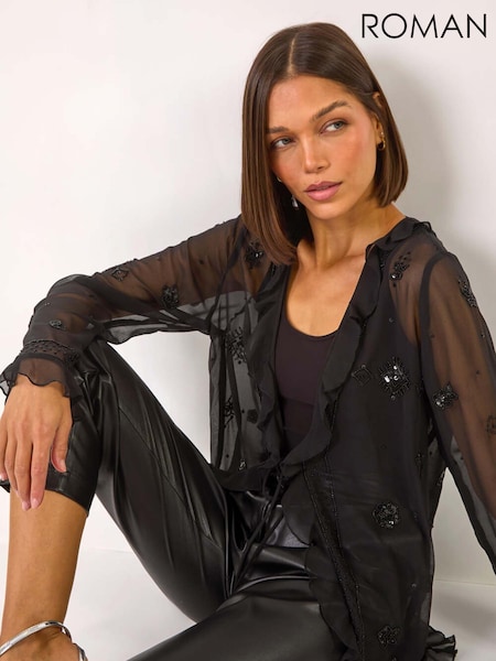 Roman Black Embellished Tie Front Top (AP5748) | £48