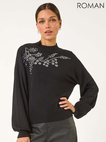 Roman Black Floral Print Hotfix Detail Knit Jumper (AP5763) | £42