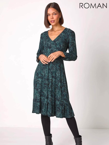 Roman Blue Animal Print Frill Hem Fit & Flare Dress (AP5768) | £50