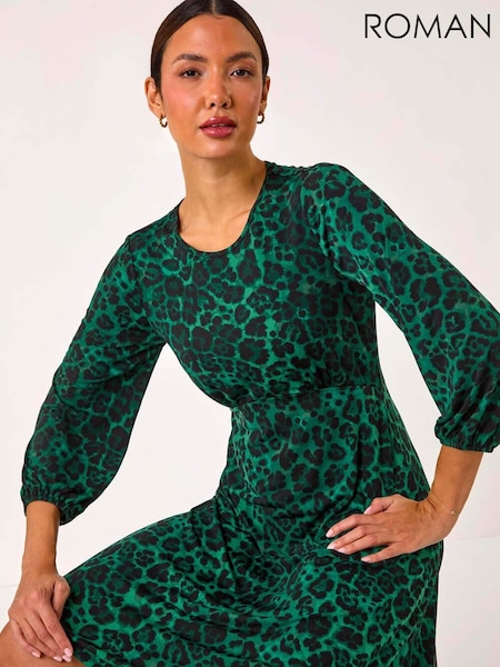 Roman Green Animal Print A-Line Gathered Dress (AP5777) | £50