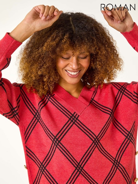 Roman Red Check Patterned V-Neck Knit Jumper (AP5800) | £48