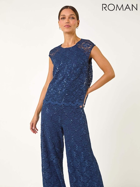 Roman Blue Corded Lace Overlay Jumpsuit (AP5803) | £68