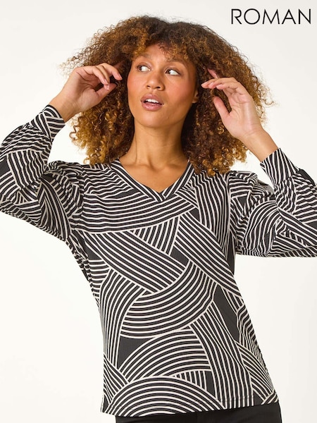 Roman Black Geometric V-Neck Stretch Top (AP5842) | £36