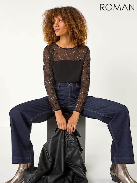 Roman Black Holographic Foil Mesh Sleeve Top (AP5867) | £42
