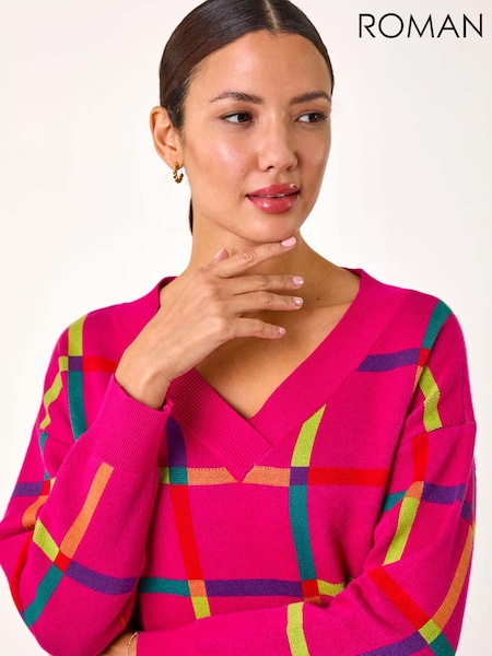 Roman Pink Grid Patten V-Neck Knit Jumper (AP5868) | £48