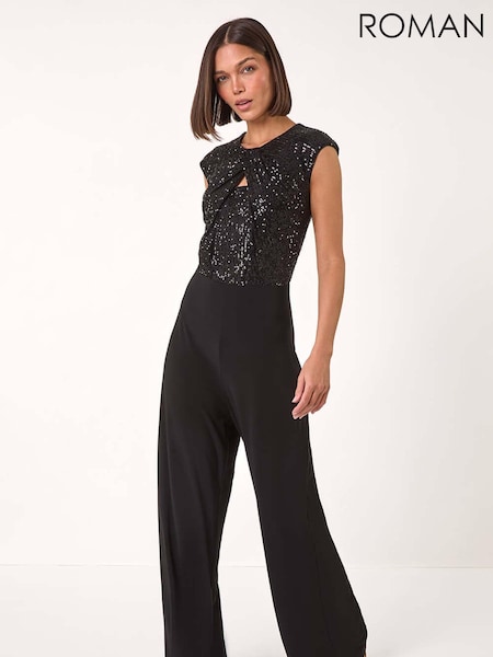 Roman Black Sequin Twist Front Jumpsuit (AP5927) | £65