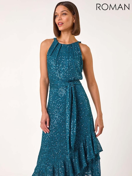 Roman Blue Halter Neck Sequin Midi Stretch Dress (AP5935) | £80