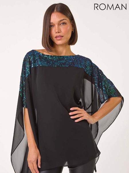 Roman Green Sequin Yoke Contrast Chiffon Top (AP5950) | £50