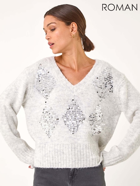 Roman Grey Sequin Detail V-Neck Knit Jumper (AP5970) | £42