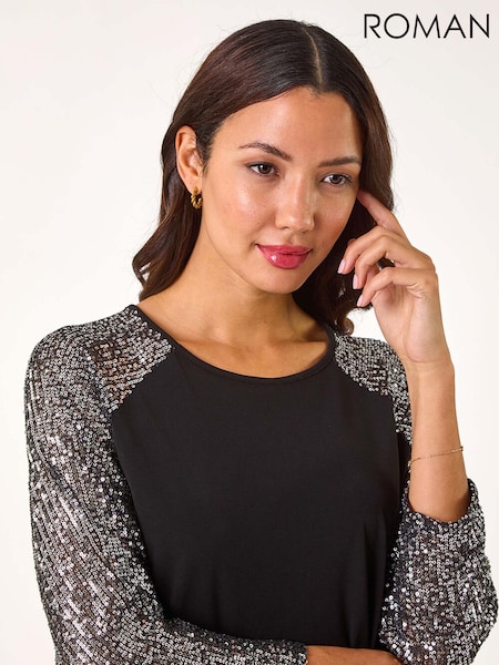 Roman Metallic Sequin Sleeve Tunic Stretch Top (AP5990) | £45
