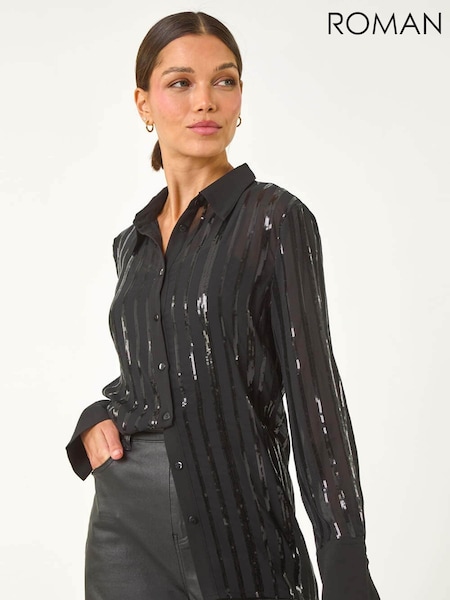 Roman Black Sequin Stripe Button Shirt (AP5991) | £48