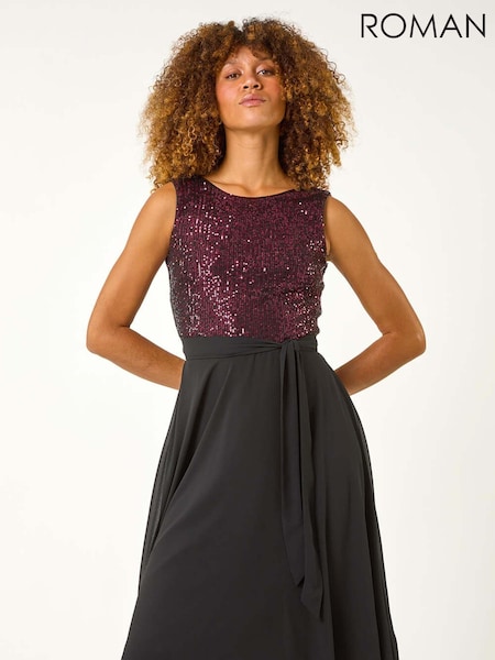 Roman Purple Sequin Bodice Betlted Chiffon Dress (AP5994) | £65