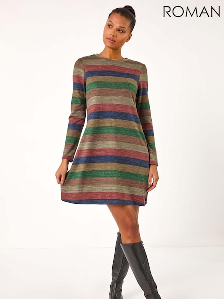 Roman Blue Stripe Print Side Button Shift Dress (AP6018) | £45