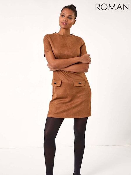 Roman Brown Suedette Button Shift Stretch Dress (AP6054) | £42