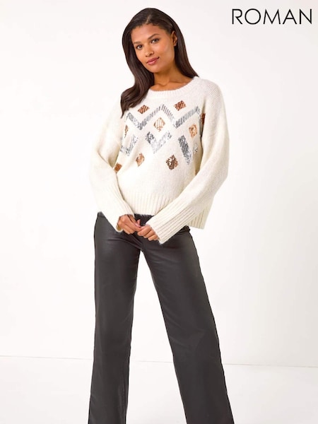 Roman White Zig Zag Diamond Detail Knit Jumper (AP6060) | £42