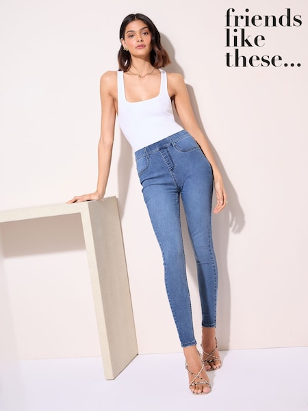 Friends Like These Mid Blue Petite Elasticated Waist Denim Jeggings (AP6108) | £25