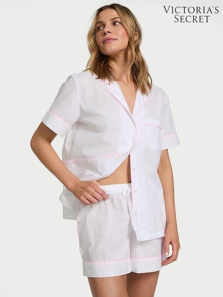 Victoria's Secret White With Pink Piping Cotton Short Pyjama Set (AP6155) | £39