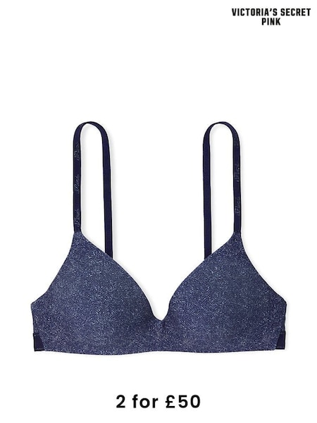Victoria's Secret PINK Dark Blue Denim Print Non Wired Push Up Push Up Bra (AP6212) | £29
