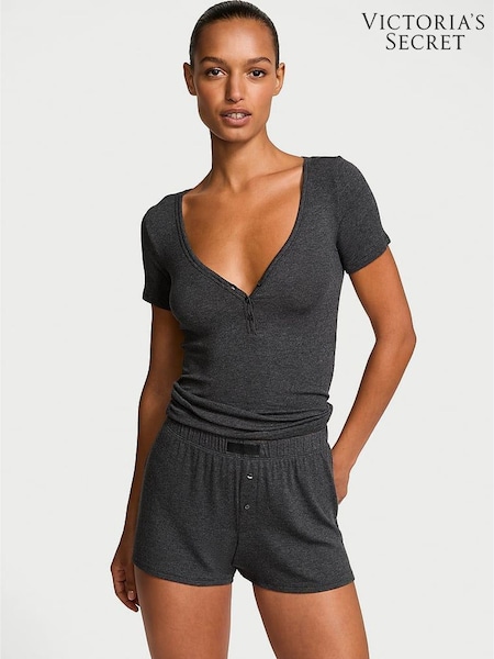 Victoria's Secret Heather Charcoal Grey Modal Rib Henley Short Sleeve Set (AP6214) | £39