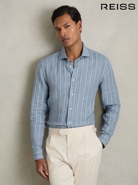 Reiss Airforce Blue/White Bengal Stripe Ruban Linen Striped Cutaway-Collar Shirt (AP6305) | £110