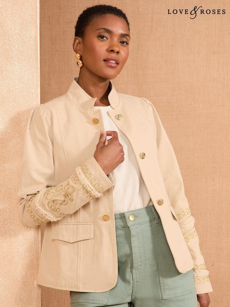 Love & Roses Ecru Cornelli Detail Military Jacket (AP6360) | £69