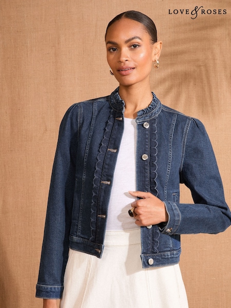 Love & Roses Dark Wash Blue Scallop Edge Denim Jacket (AP6361) | £48