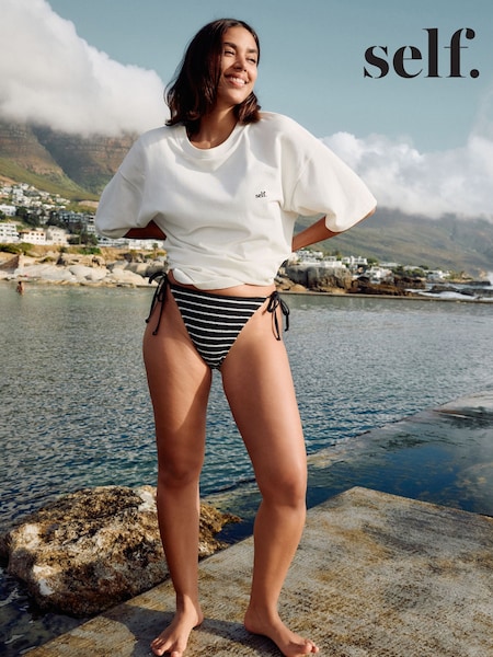 self. Black/White Crinkle Stripe Tie Side Bikini Bottoms (AP6380) | £16