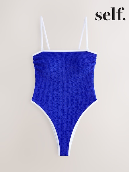 self. Blue Contrast Bind High Leg Brazilian Bandeau Tummy Control Swimsuit (AP6383) | £32