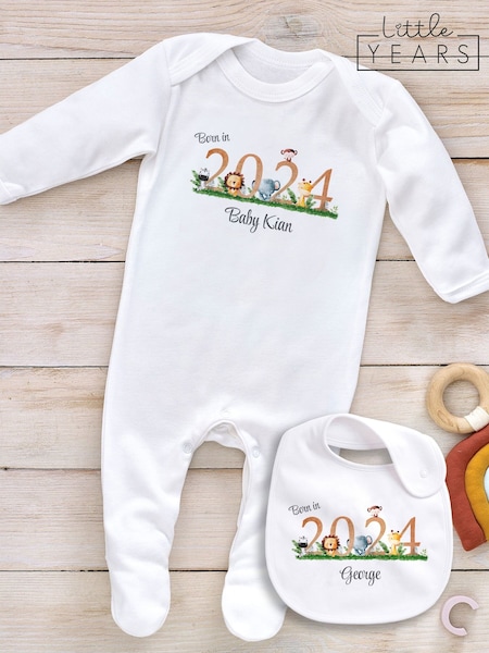 Little Years Personalised 100% Cotton Jungle Animals Print Year Sleepsuit (AP6620) | £16