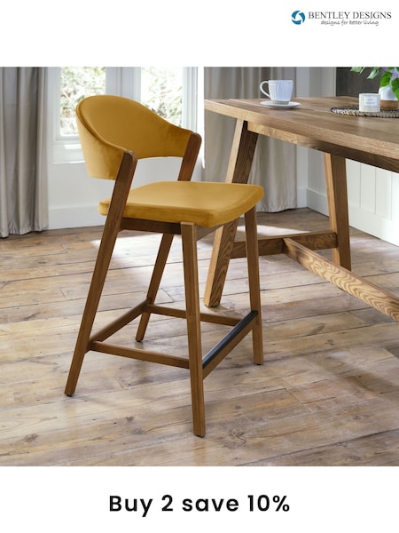 Bentley Designs Rustic Oak Mustard Camden Upholstered Bar Stool (AP6726) | £260