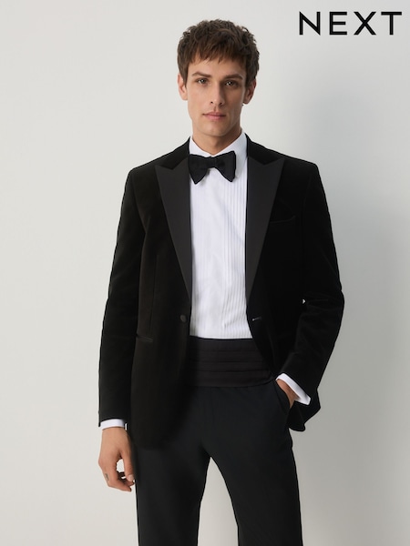 Black Slim Fit Slim Fit Motionflex Cotton Rich Velvet Blazer With Stretch (AP6755) | £119