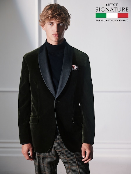 Green Regular Fit Signature Pontoglio Italian Velvet Blazer With Shawl Lapel (AP6786) | £179