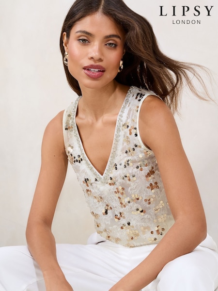 Lipsy Cream Sequin Embellished Feather Vest (AP6865) | £40