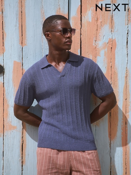 Blue Regular Fit Cotton Rich Short Sleeve Trophy Knit Polo Shirt (AP7037) | £32