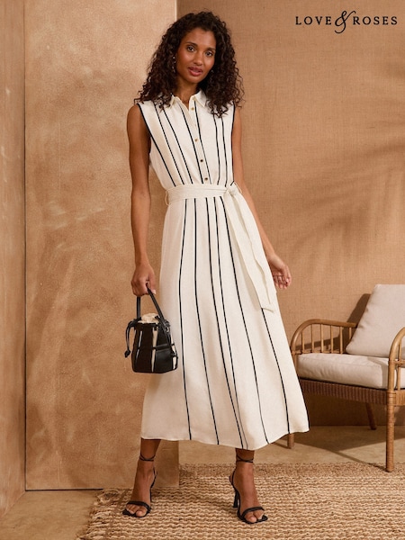 Love & Roses Ivory Petite Contrast Tipping Belted Midi Shirt Dress (AP7043) | £62