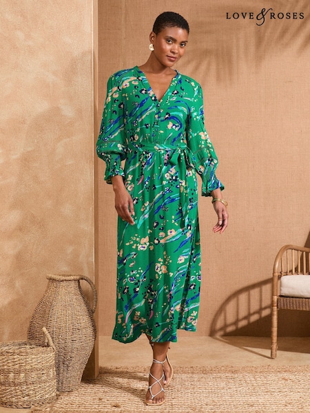 Love & Roses Green Animal Print Notch Neck Belted Midi Shirt Dress (AP7050) | £62