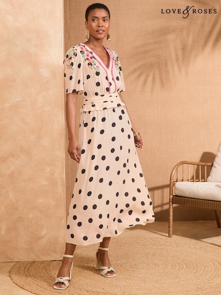 Love & Roses Ivory Spot Embroidered V-Neck Short Sleeve Midi Dress (AP7059) | £66