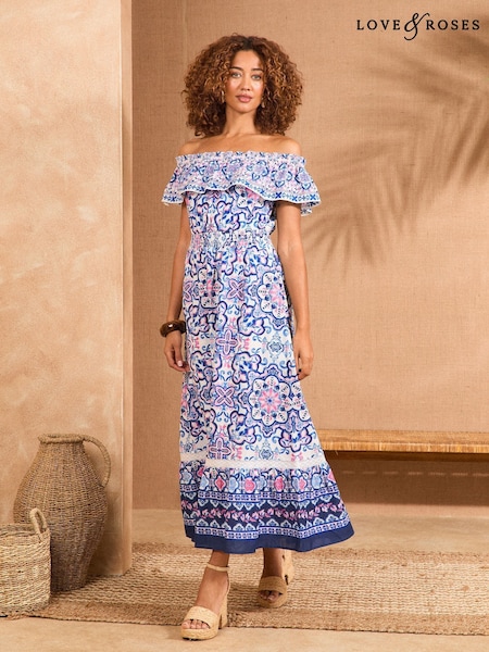 Love & Roses Blue Tile Printed 100% Cotton Bardot Ruffle Midaxi Dress (AP7067) | £65