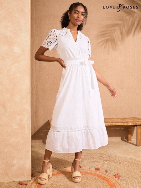 Love & Roses White Dobby Broderie Belted Midi Dress (AP7107) | £68