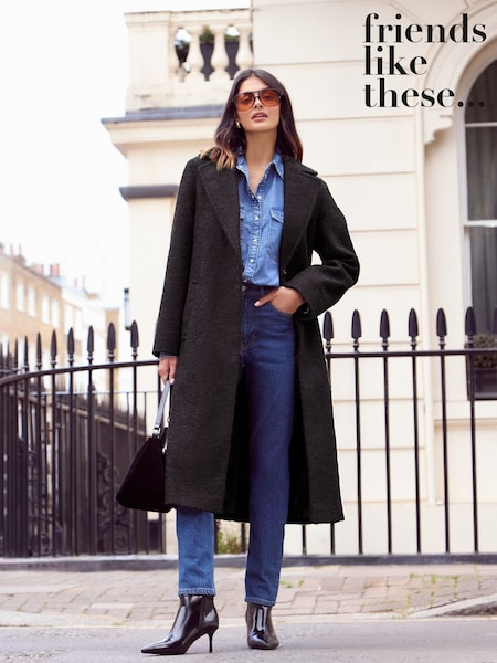 Friends Like These Black Wrap Belted Boucle Textured Midi Coat (AP7140) | £79